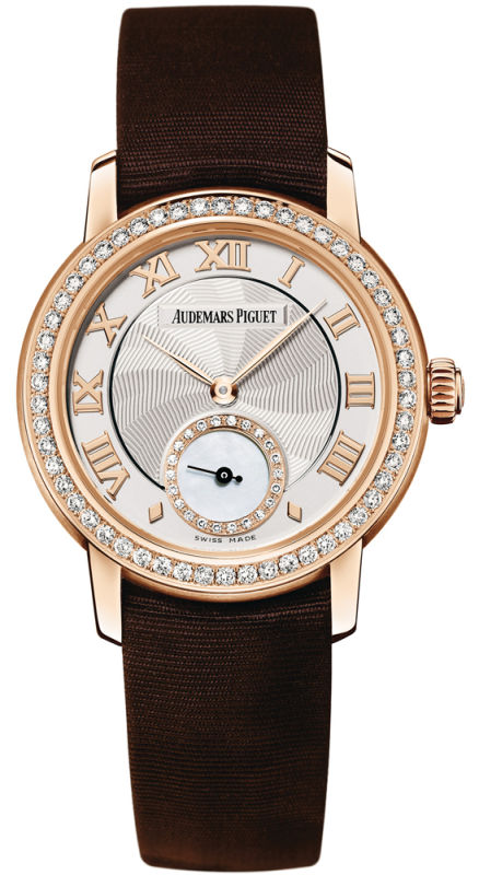 Fake AAA Audemars Piguet Watches : 77228OR.ZZ.A082MR.01 Manual Wind 18kt Rose Gold Silver Dial Brown Satin Band Women Watch Watch