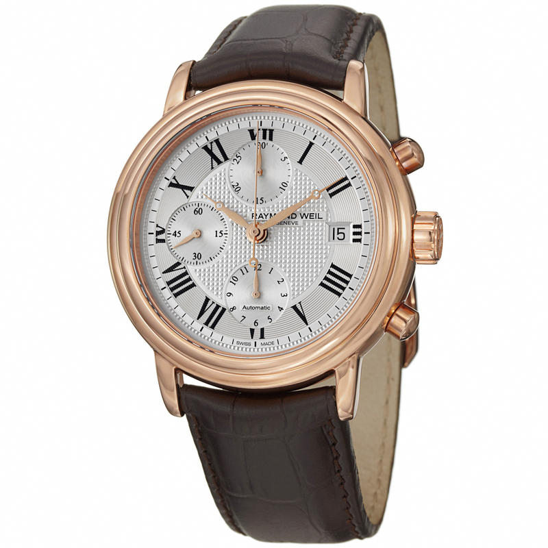 Raymond Weil Watches : 7737-PC-500659 Automatic Silver Dial Rose Gold Tone Bezel Brown Leather Men Watch