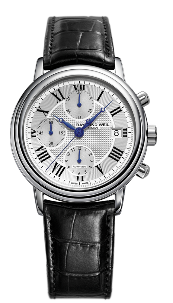 Raymond Weil Watches : 7737-STC-00659 Automatic Chronograph Silver Dial Stainless Steel Case With Black Leather Strap Men Watch