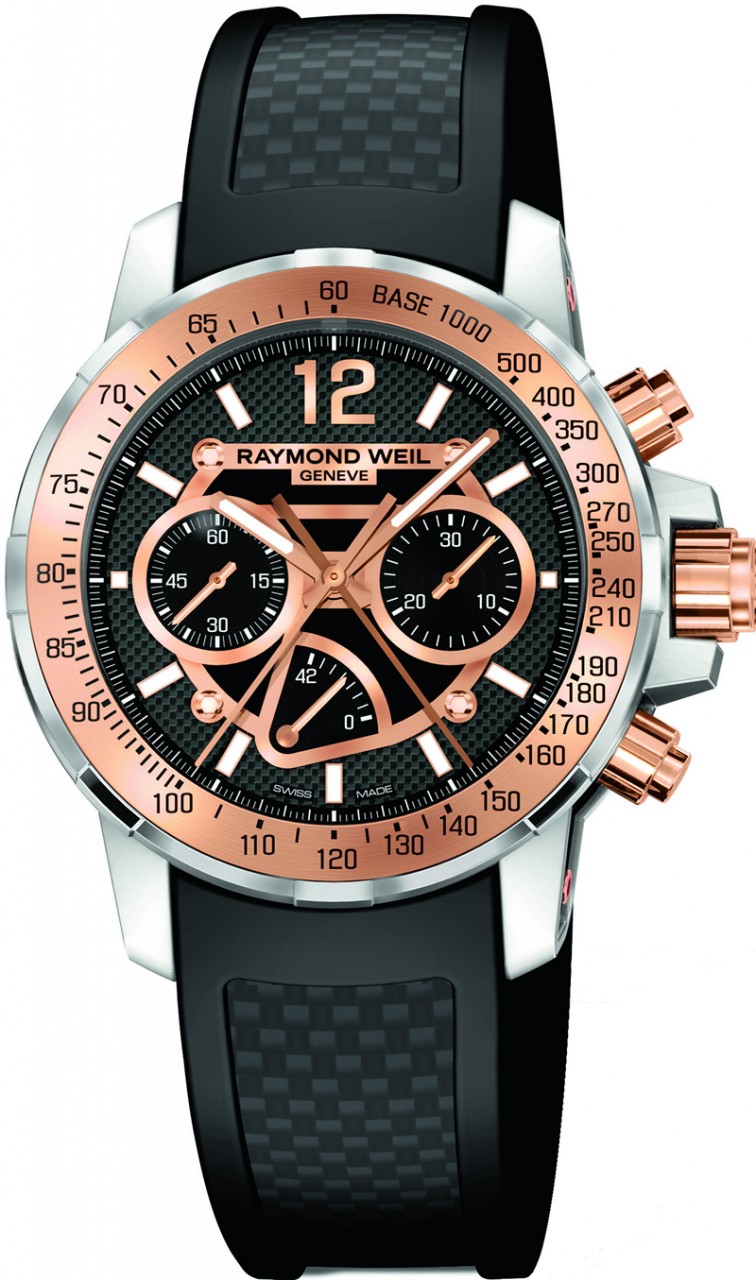 Raymond Weil Watches : 7900-SR-05207 Automatic Chronograph Nabucco Cuore Caldo Special Edition Black Dial And Rose Gold, Titanium And Carbon Fibre Stainless Steel Case With Genuine Rubber And Leather Strap Men Watch