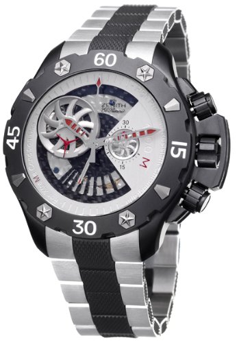 Zenith Watches : 96.0525.4021/21.M525 Automatic Black Carbon Fiber And Tiered Silver Chronograph With Propeller Shaped Sub-s, Escapement View Dial Titanium And Black Kevlar Band Men Watch