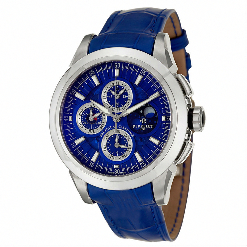 Perrelet Watches : A1058-2 Automatic Chronograph Perpetual Calendar Blue Dial Leather Men Watch