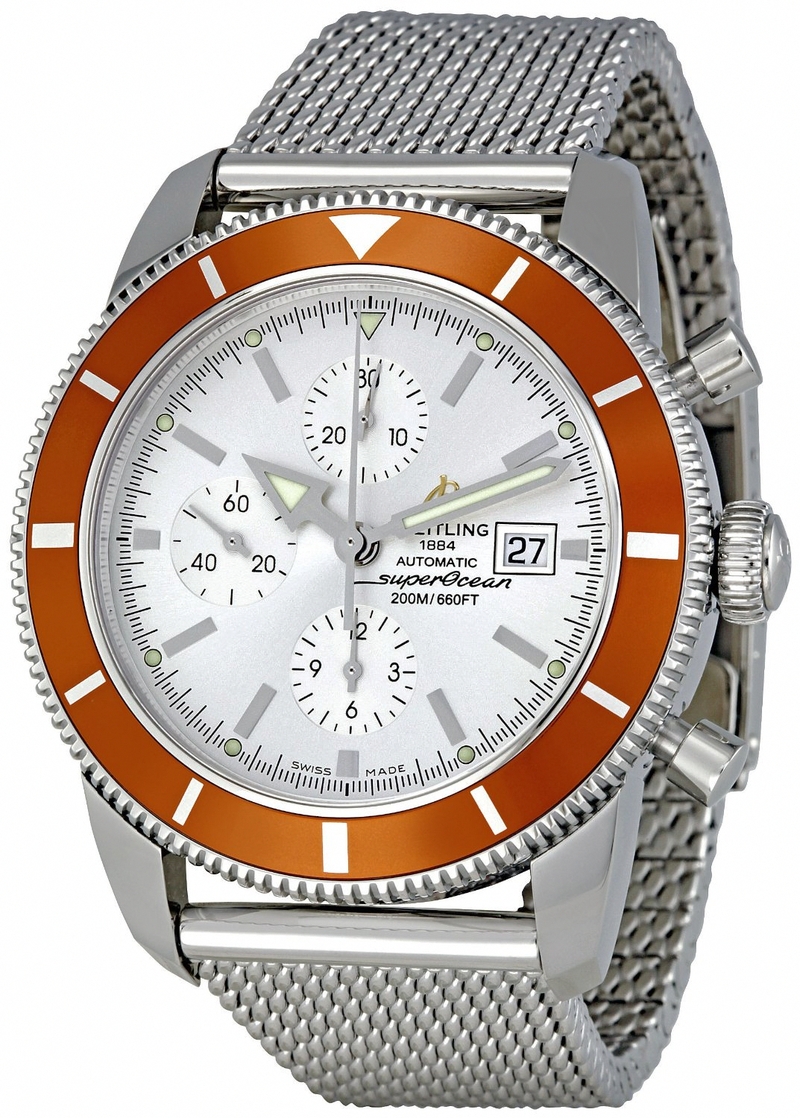 Breitling Watches : A1332033/G698-SS Automatic COSC Stratus Silver Chronograph With Date At 3 Dial Ocean Classic Steel Mesh Band Men Watch