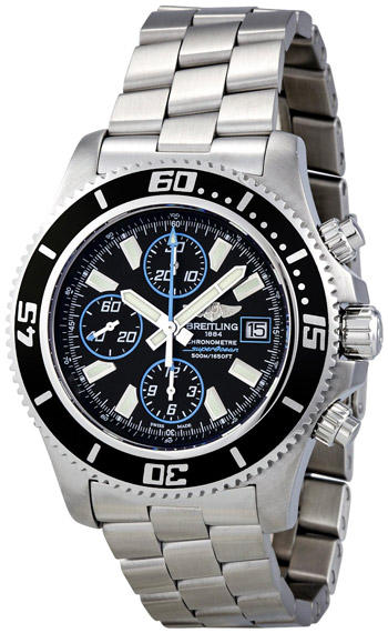 Breitling Watches : A1334102/BA83-SS Automatic Black Chronograph With Abyss Blue Accents, Luminescent Index Markers, Date At 3 Dial Stainless Steel Band Men Watch
