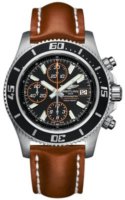 Breitling Watches : A1334102/BA85-LS Automatic Black Chronograph With Abyss Orange Accents, Luminescent Index Markers, Date At 3 Dial Brown Calfskin Leather Band Men Watch