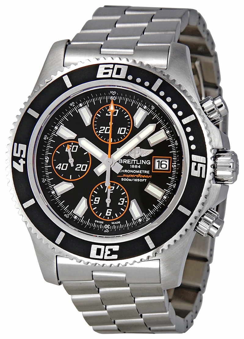 Breitling Watches : A1334102/BA85-SS Automatic Black Chronograph With Abyss Orange Accents, Luminescent Index Markers, Date At 3 Dial Stainless Steel Band Men Watch