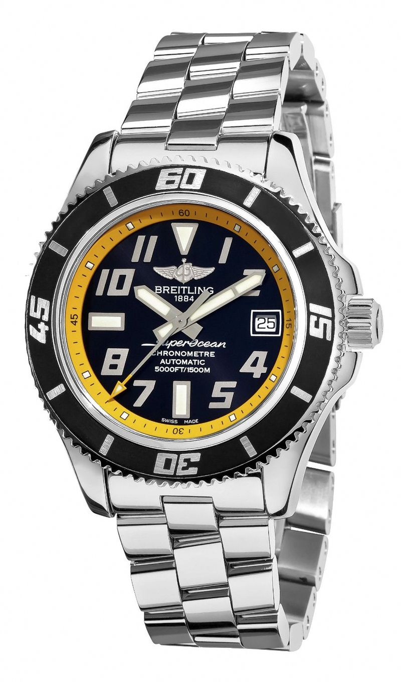 Breitling Watches : A1736402/BA32-SS Automatic Black With Abyss Yellow Flange, Luminescent Arabic Numerals And Markers, Date At 3 Dial Stainless Steel Band Men Watch