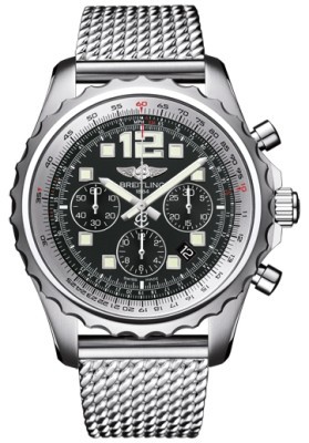 Breitling Watches : A2336035/BA68-SS Automatic Volcano Black Chronograph With Luminescent Hands And Markers, Date Between 4 And 5 Dial Aero Classic Mesh Stainless Steel Band Men Watch