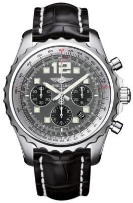 Breitling Watches : A2336035/F555-CROC Automatic Tungsten Grey With Black Sub-dial Chronograph, Luminescent Hands And Markers, Date Between 4 And 5 Dial Crocodile Black Leather Band Men Watch
