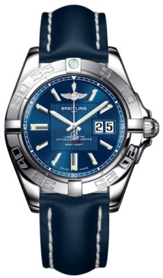 Breitling Watches : A49350L2/C806-LST Automatic COSC Metallica Blue With Index Hour Markers And Large Double Date At 3 Dial Blue Calfskin Leather Strap Band Men Watch