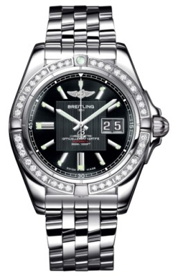Breitling Watches : A49350LA/BA07-SS Automatic COSC Ivory Black With Index Hour Markers And Large Double Date At 3 Dial Stainless Steel Band Men Watch