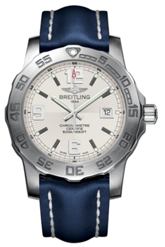 Breitling Watches : A7438710/G743-LS Quartz Silver With Date At 3 Dial Blue Calfskin Leather Strap Band Men Watch