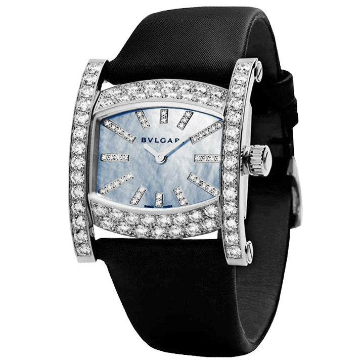 Bvlgari Watches : AAW36D2BL-12 Quartz Light Blue Mother of Pearl Diamond Dial 18ct White Gold Diamond Bezel Black Satin Women Watch