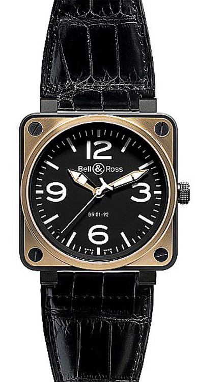 Bell & Ross Watches : BR01-92-Pink-Gold-Carbon Automatic Black Dial Alligator/crocodile Leather Black Band Men Watch