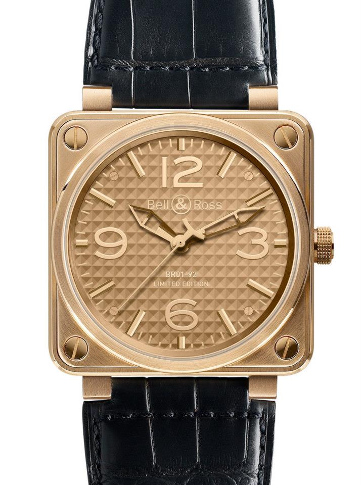 Bell & Ross Watches : BR01-92-Rose-Gold-Ignot Automatic Gold Dial Alligator/crocodile Leather Black Band Men Watch