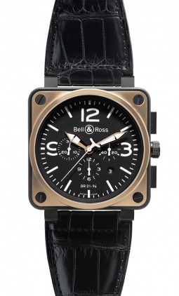 Bell & Ross Watches : BR01-94-Pink-Gold-Carbon Automatic Black Dial Alligator/crocodile Leather Black Band Men Watch