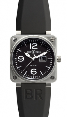 Bell & Ross Watches : BR01-96-Grande-Date Automatic Black Dial Rubber Black Band Men Watch