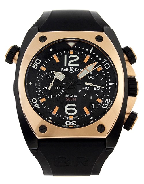 Bell & Ross Watches : BR02-94-Pink-Gold-And-Carbon Automatic Black Dial Rubber Black Band Men Watch