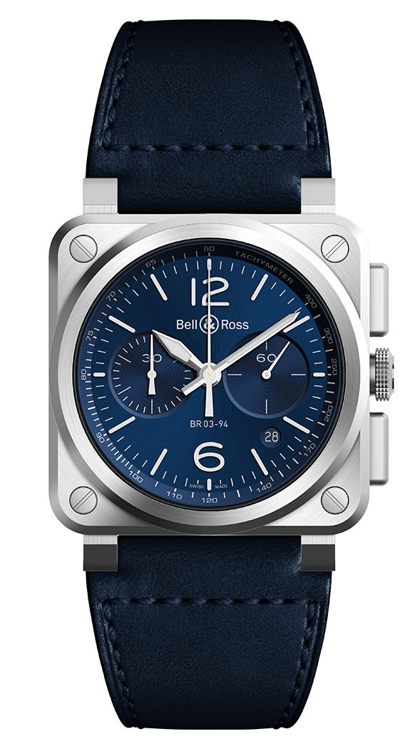 Bell & Ross Watches : BR0394-BLU-ST/SCA Automatic Chronograph Date Blue Leather Men Watch