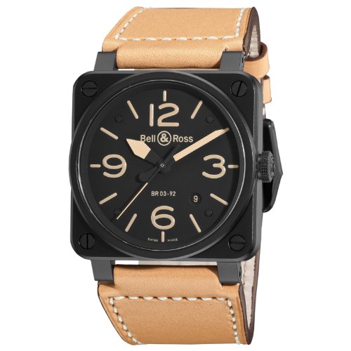 Bell & Ross Watches : BR03-92-Heritage Automatic Black Dial Calfskin Leather Beige Band Men Watch