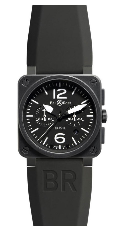 Bell & Ross Watches : BR03-94-Carbon Automatic Black Dial Rubber Black Band Men Watch