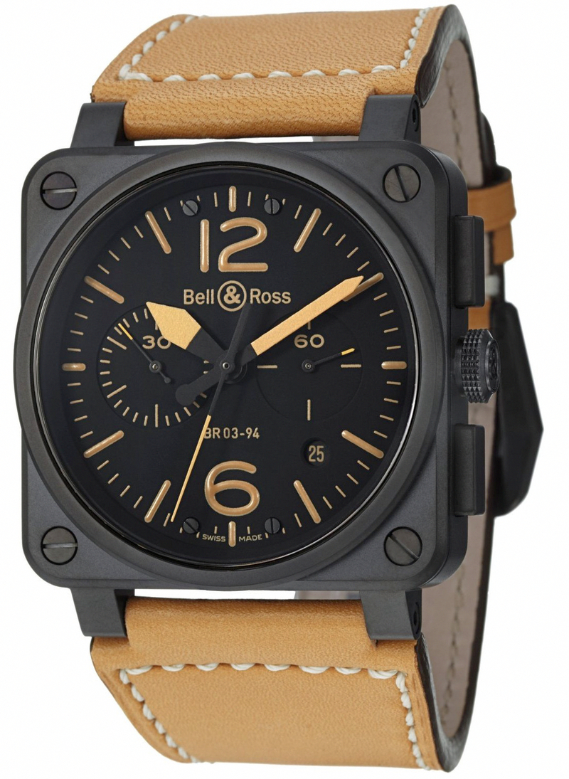 Bell & Ross Watches : BR03-94-Heritage Automatic Black Dial Calfskin Leather Beige Band Men Watch