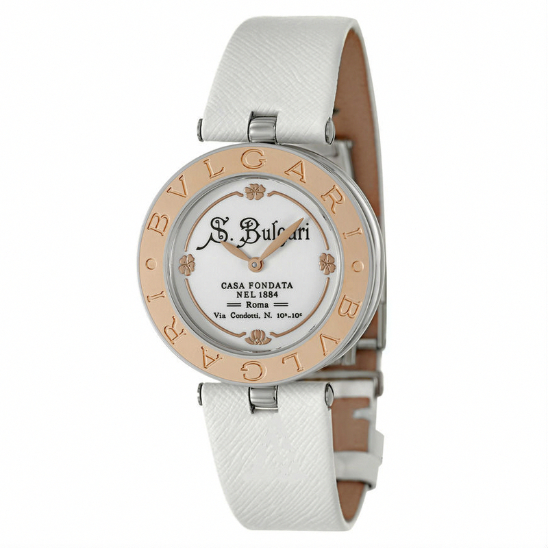 Bvlgari Watches : BZ30WSGL-125 Quartz Analog 18k Rose Gold Bezel White Leather Women Watch