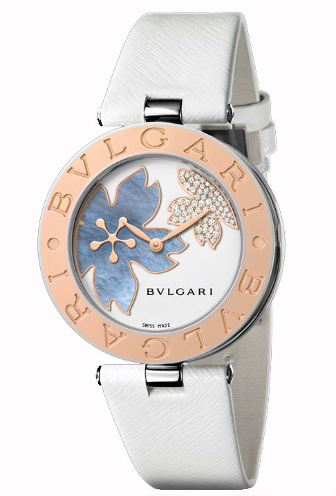 Bvlgari Watches : BZ35FDSGL Quartz Diamond Pave and Floral Design Dial 18ct Rose Gold Bezel White Leather Women Watch