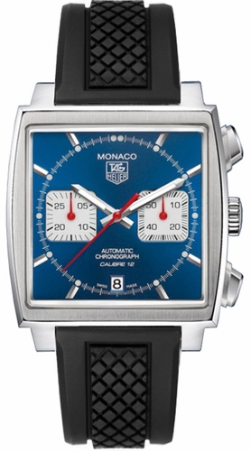 TAG Heuer Watches : CAW2111.FT6021 Automatic Calibre 12 Brushed And Polished Stainless Steel Blue Chronograph Dial Black Rubber Band Men Watch