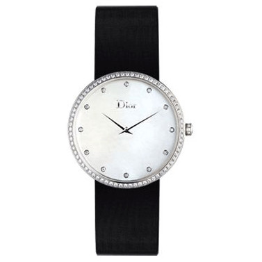 Christian Dior Watches : CD043114A001 Quartz White Mother of Pearl Dial Diamond Bezel Black Leather Women Watch