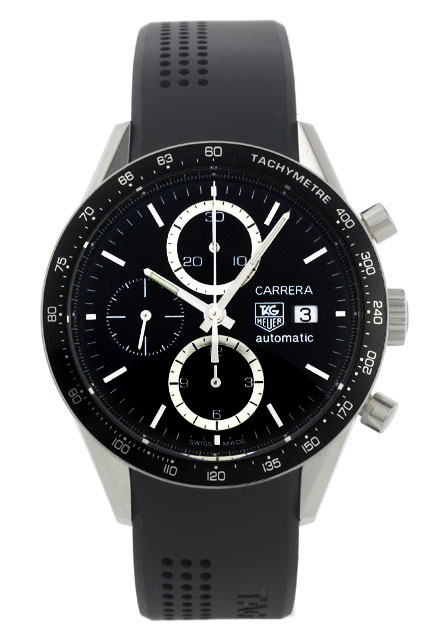 TAG Heuer Watches : CV2010.FT6007 Automatic Swiss Made Calibre 16 Valjoux 7750, 25 Jewels with Approx 42hr. Power reserve Polished Stainless Steel Black Chronograph Dial Black Perforated Rubber Band Men Watch