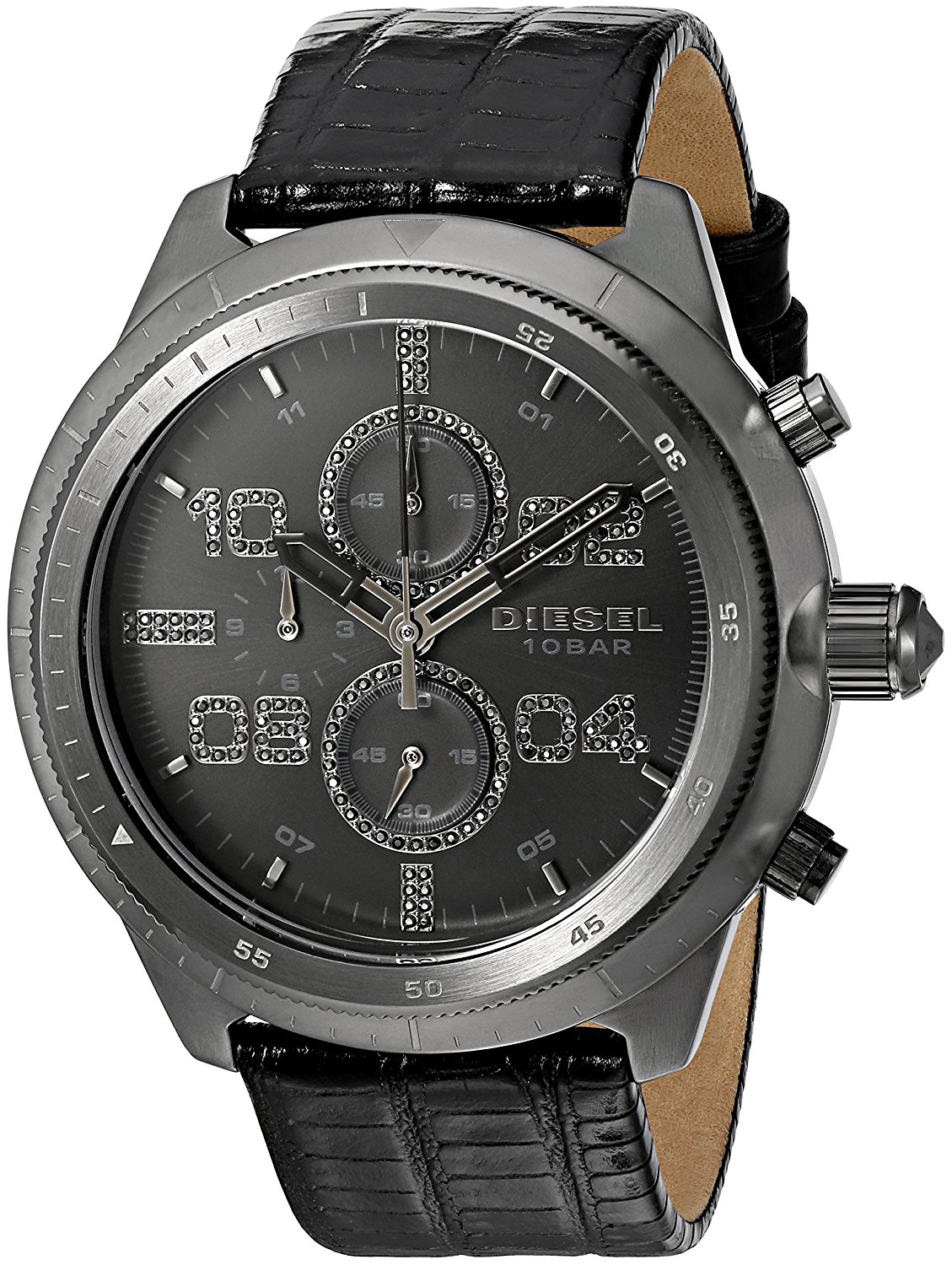 Diesel Watches : DZ4437 Quartz Padlock Chronograph Black Leather Men Watch