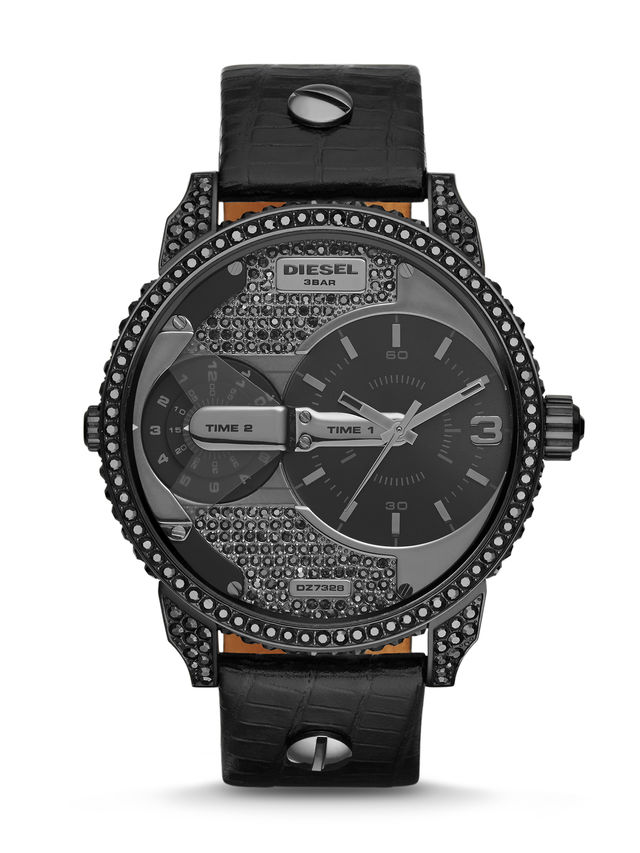 Diesel Watches : DZ7328 Quartz Dual Time Black Crystal Stones Case Black Leather Men Watch