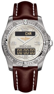 Breitling Watches : E7936210/G682-LST Quartz Stratus Silver Digital/analog With Arabic Hour Markers, Alarm, Gmt Second Time-zone, Chronograph, Backlight, Countdown Timer Features. Dial Brown Calfskin Leather Band Men Watch
