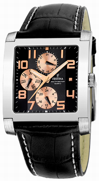 Festina Watches : F16235/D Quartz Multifunction Black Dial Day Date Leather Men Watch