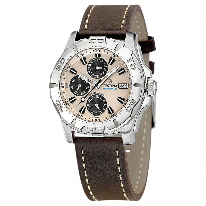 Festina Watches : F16243/2 Quartz Multifunction Beige Dial Full Calendar Leather Men Watch