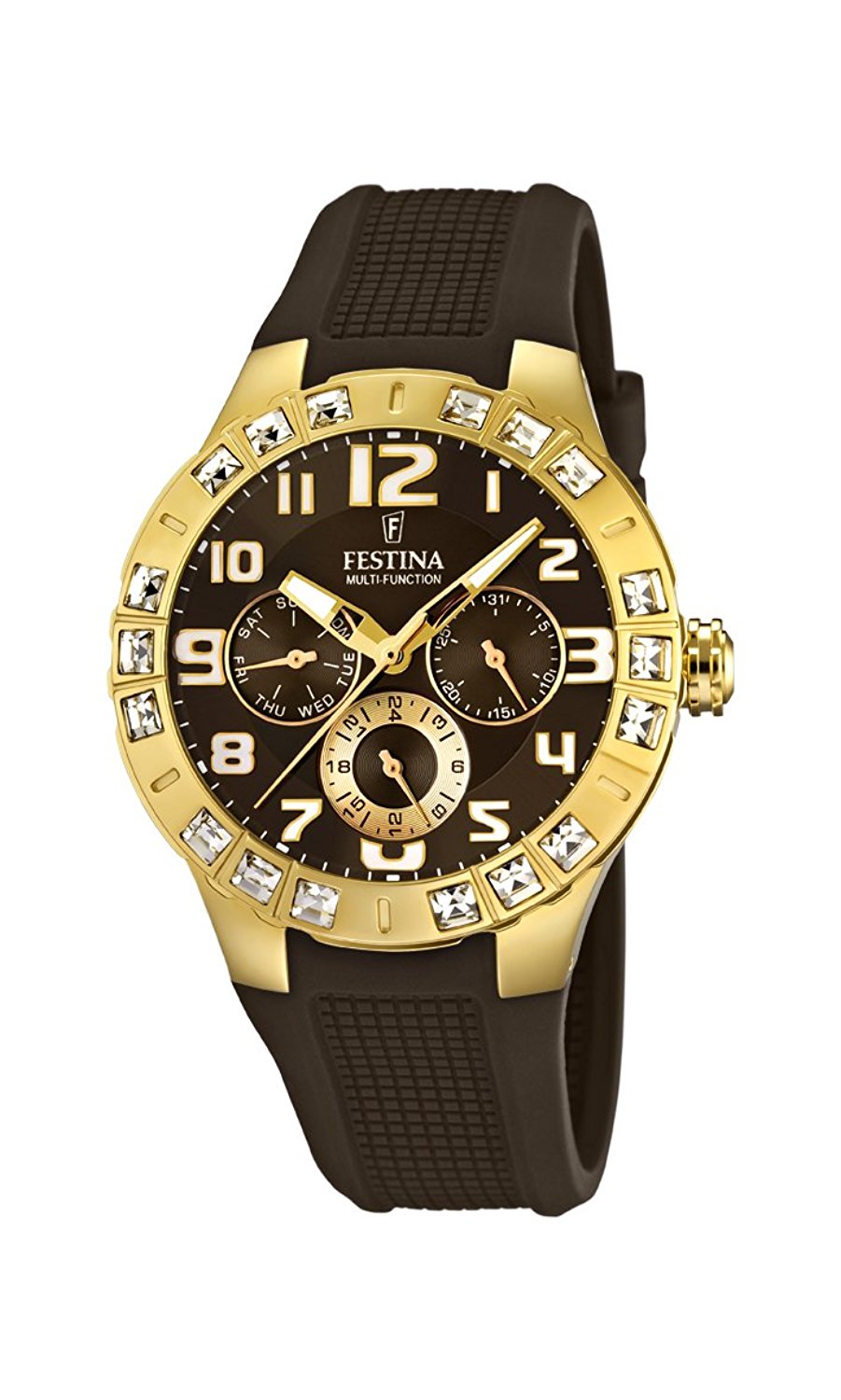 Festina Watches : F16581/3 Quartz Multifunction Dial Crystal Bezel Brown Rubber Women Watch