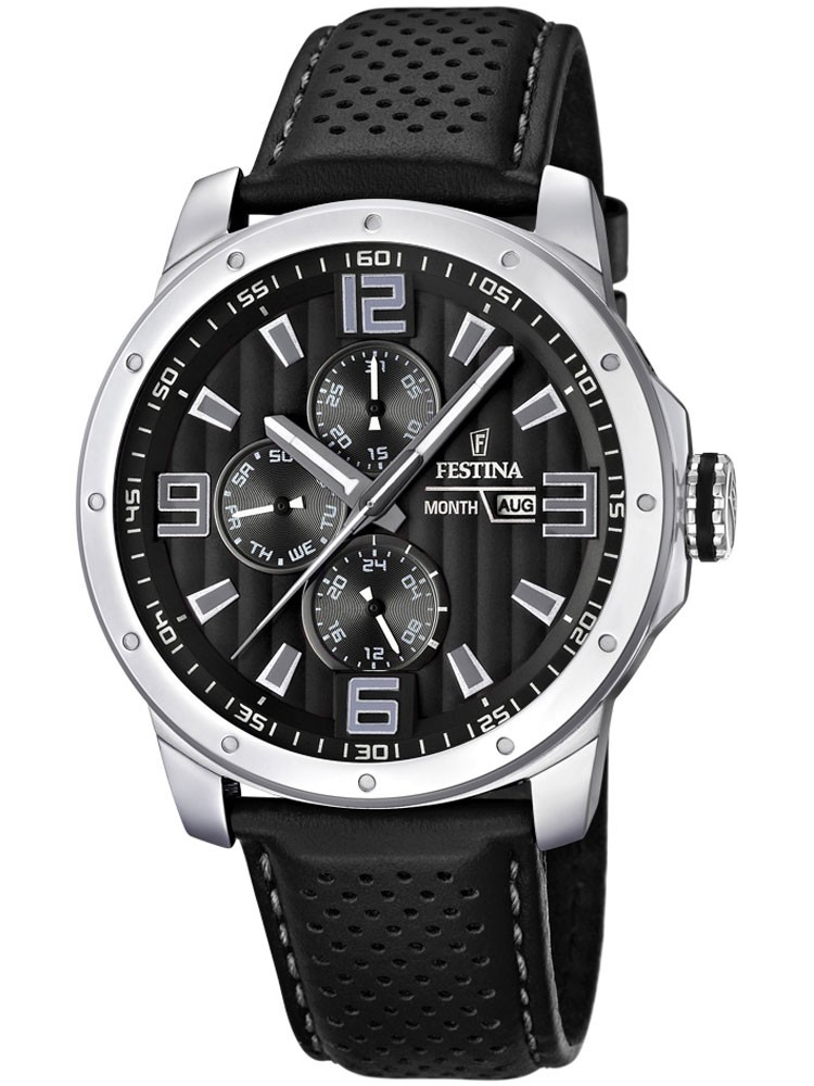 Festina Watches : F16585/4 Quartz Black Dial Day Date Month Black Leather Men Watch