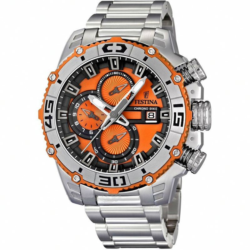 Festina Watches : F16599/6 Quartz Chronograph Date Orange Dial Stainless Steel Men Watch