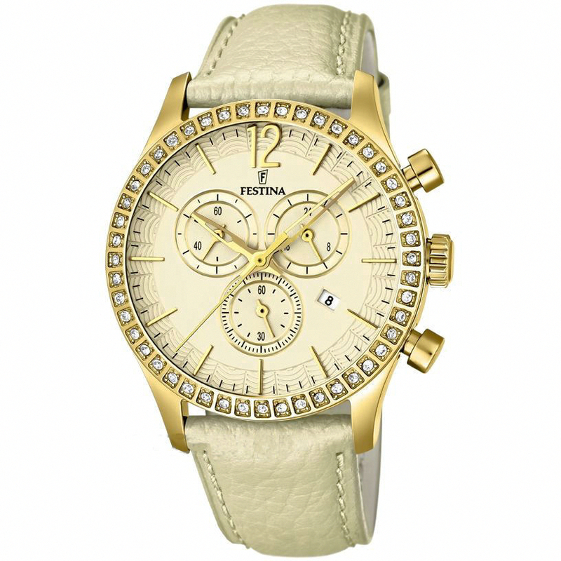 Festina Watches : F16605/4 Quartz Chronograph Date Cream Leather Women Watch