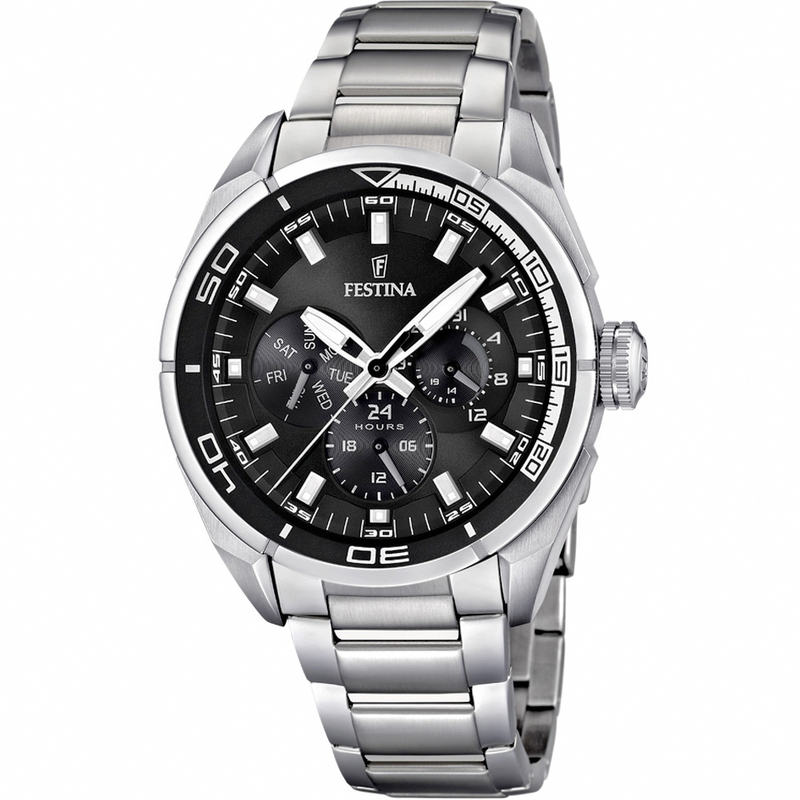 Festina Watches : F16608/6 Quartz Day Date Black Dial Stainless Steel Men Watch