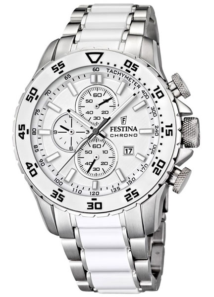 Festina Watches : F16628/1 Quartz Chronograph White Dial Date Stainless Steel and Ceramic Men Watch
