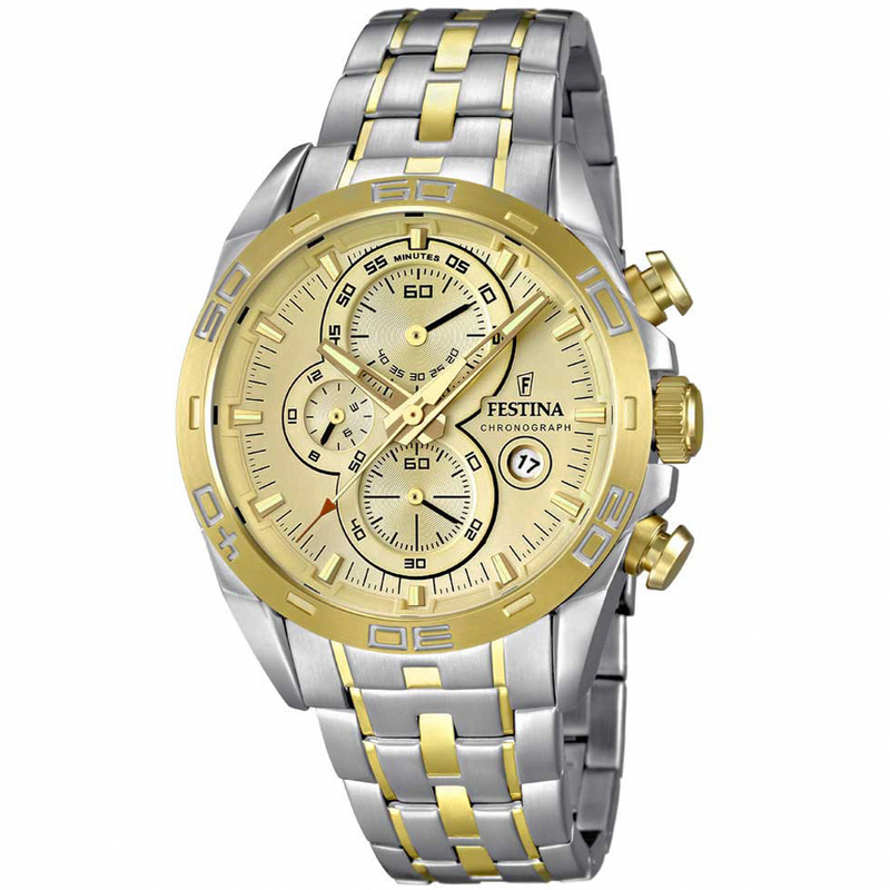 Festina Watches : F16655/2 Quartz Chronograph Gold Dial Date Two Tone Stainless Steel Men Watch