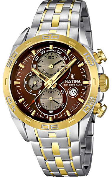 Festina Watches : F16655/4 Quartz Chronograph Brown Dial Date Two Tone Stainless Steel Men Watch