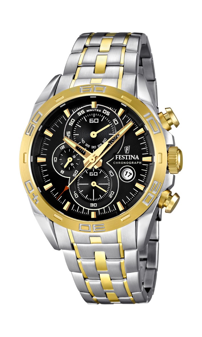 Festina Watches : F16655/5 Quartz Chronograph Black Dial Date Two Tone Stainless Steel Men Watch