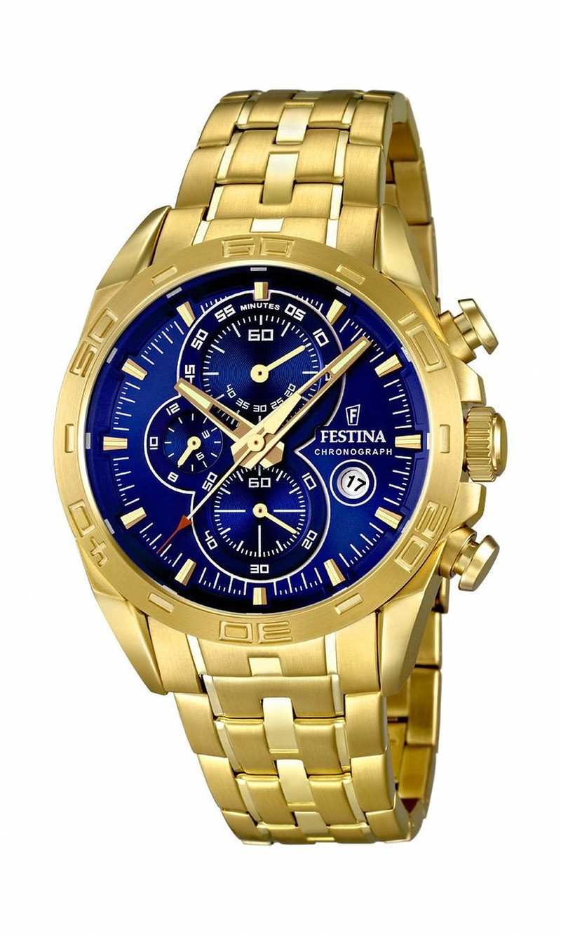Festina Watches : F16656/3 Quartz Chronograph Blue Dial Date Gold Tone Stainless Steel Men Watch