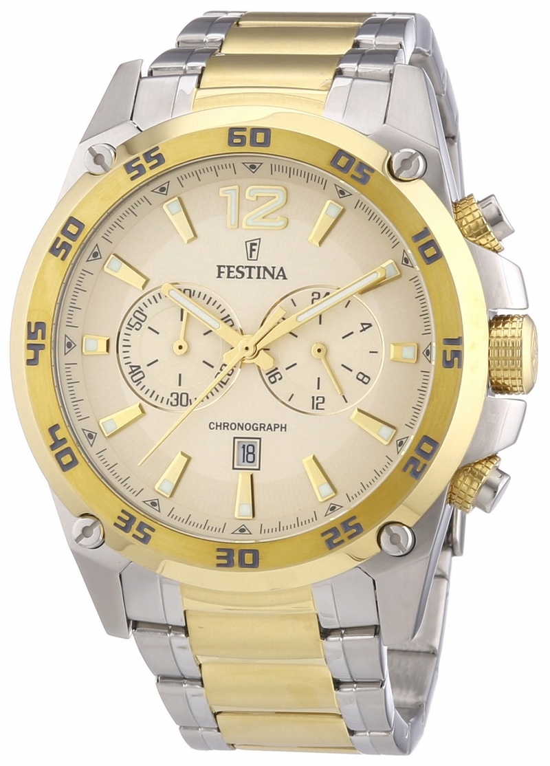 Festina Watches : F16681/1 Quartz Chronograph Gold Dial Date Two Tone Stainless Steel Men Watch