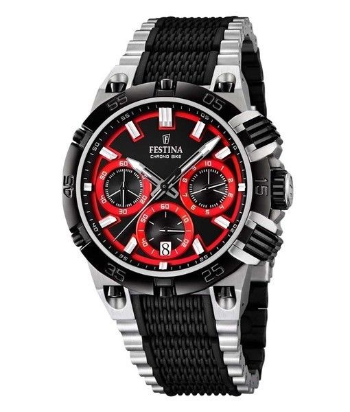 Festina Watches : F16775/8 Quartz Chronograph Black Dial Date Steel and Rubber Men Watch