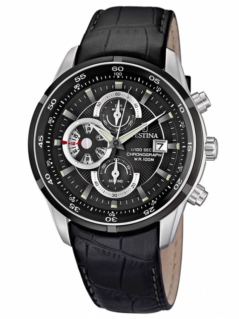 Festina Watches : F6821/3 Quartz Chronograph Date Black Dial Leather Men Watch