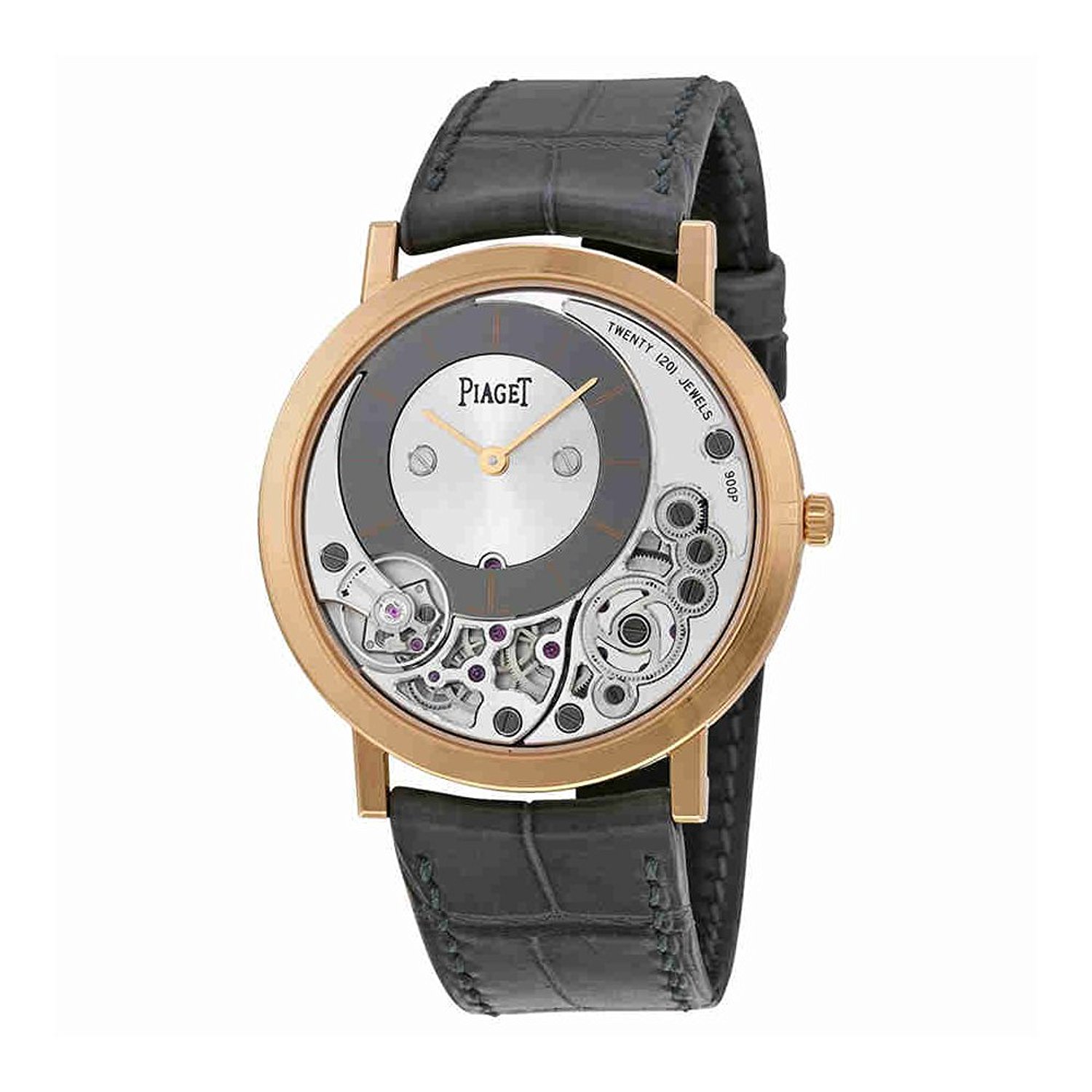 Piaget Watches : G0A39110 Silver And Black Skeleton Dial Fixed 18kt Rose Gold Band Men Watch